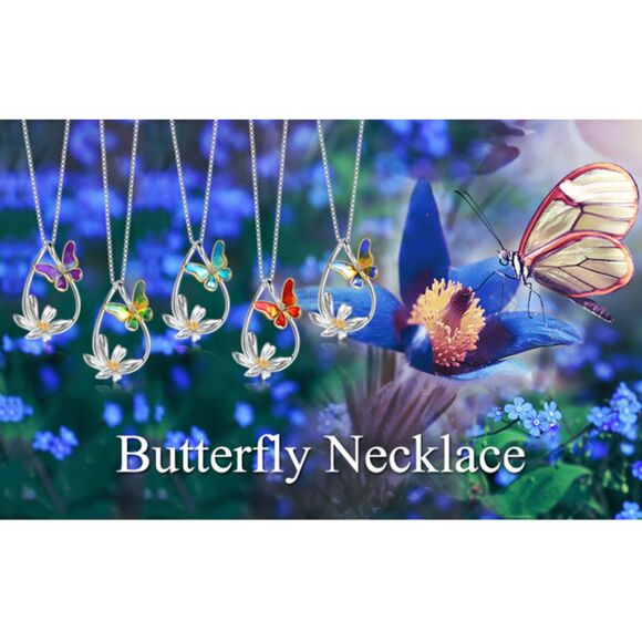 925 Sterling Silver Teardrop Blue Enamel Butterfly & Daisy Flower Necklace - Picture 9 of 10